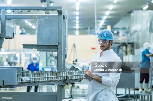 Professional quality control scientist inspector examining automated production lines in a modern food manufacturing facility wearing safety gear ensuring hygiene and quality standards compliance. - 免版稅一個人圖庫照片 Professional quality control scientist inspector examining automated production lines in a modern food manufacturing facility wearing safety gear ensuring hygiene and quality standards compliance. - 免版稅一個人圖庫照片