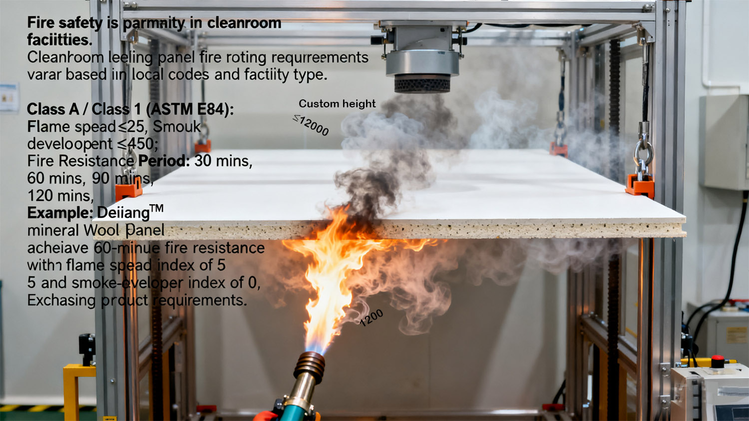 Cleanroom panel fire test showing flame spread and smoke development.jpg