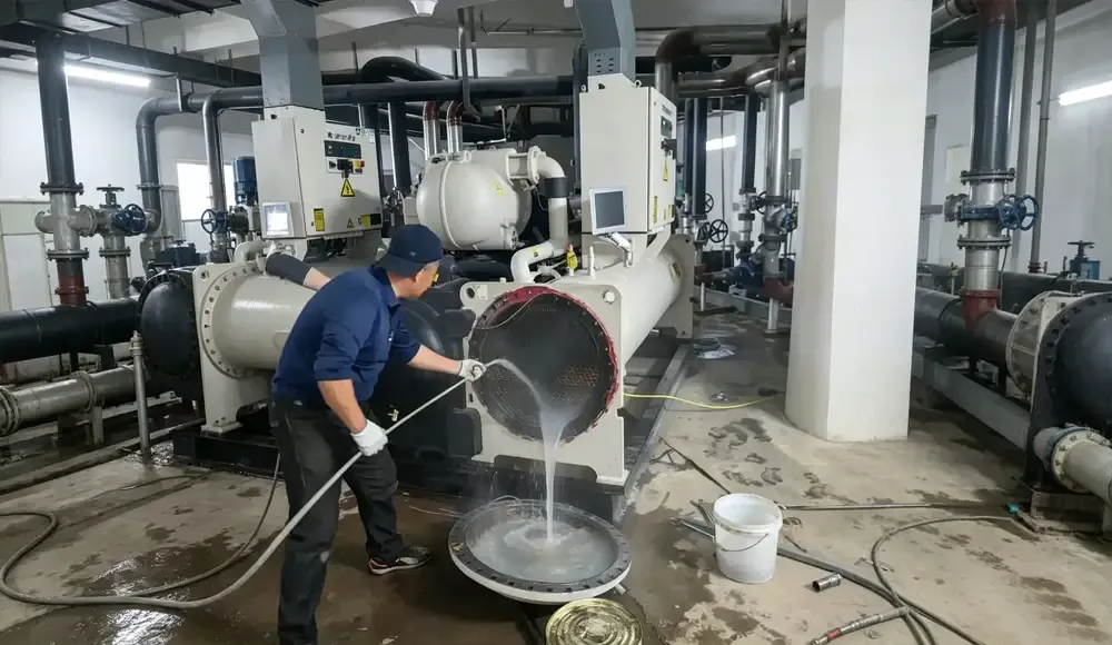 Annual chiller overhaul with chemical cleaning and oil change.webp