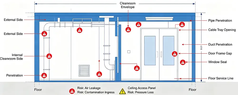 Cleanroom enclosure structure and its penetration risk points.webp