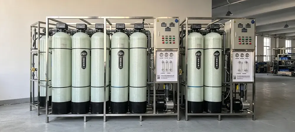 Two-stage reverse osmosis system Deiiang two-stage brackish RO system with inter-stage booster pump, permeate conductivity 22 µS/cm