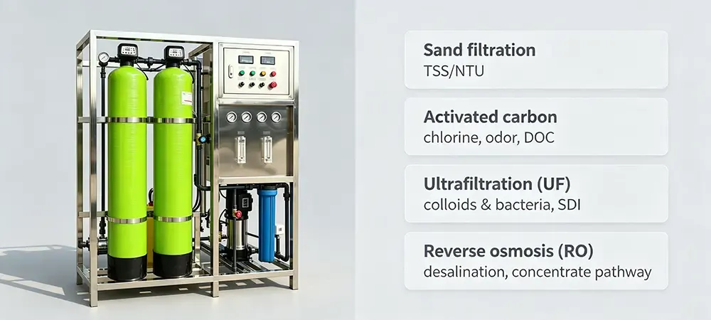 Sand filter, carbon filter, ultrafiltration and reverse osmosis comparison Four filtration technologies comparison chart: sand, carbon, UF and RO