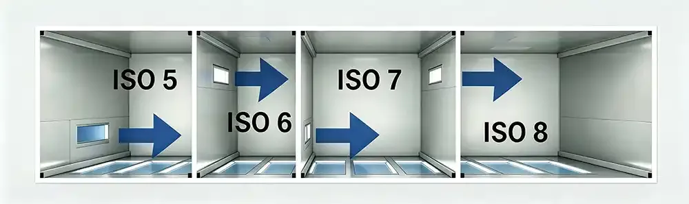 Cleanroom air pressure gradient diagram(ISO 5 → ISO 6 → ISO 7 → ISO 8).webp