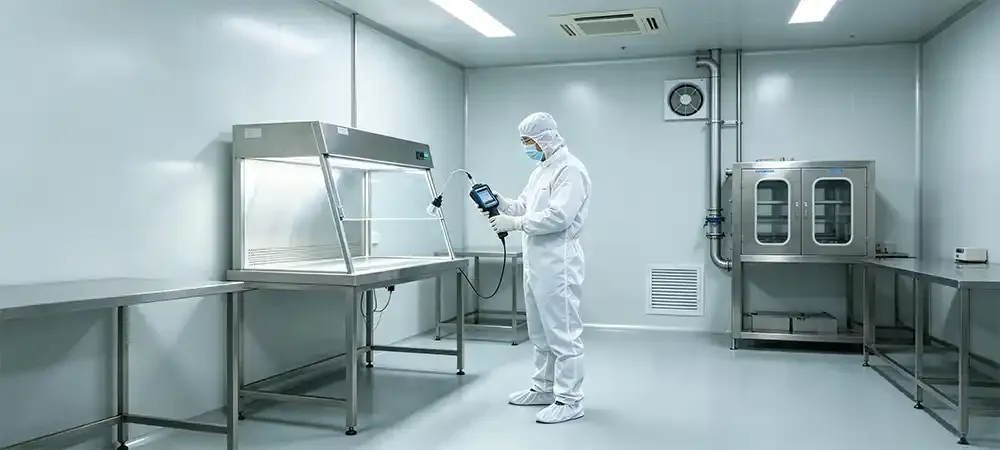 Professional using a handheld particle counter in a cleanroom .webp