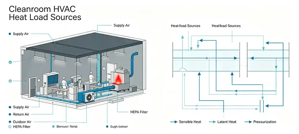 Diagram of heat load source and HVAC system in clean room.webp