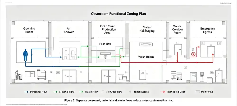 Cleanroom functional zoning plan with separate arrows for personnel, material, and waste flows.webp