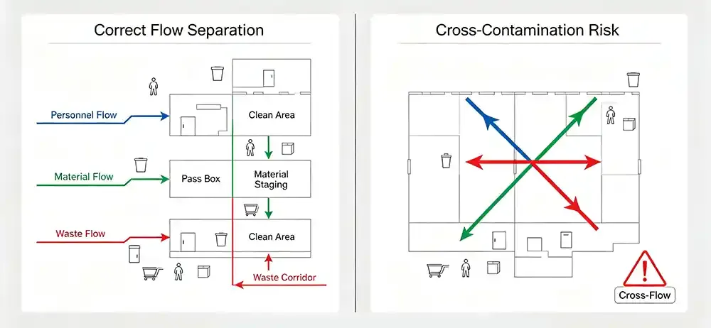 Correct flow separation (left) vs. cross-contamination risk (right)..webp