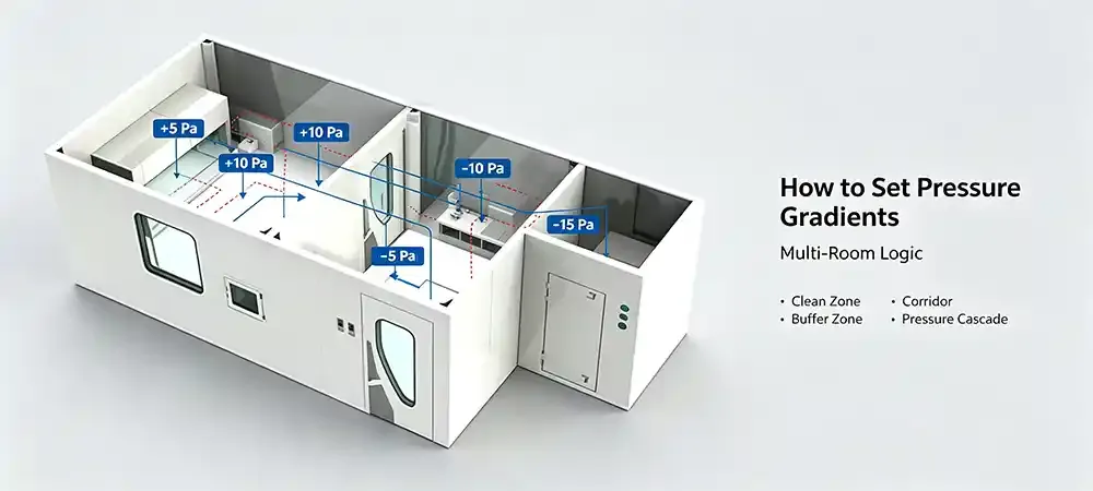 Multi-room cleanroom pressure gradient design workflow and room-to-room transmission path.webp