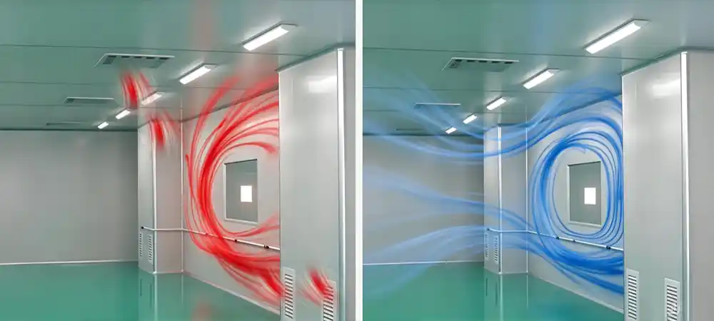 CFD visualization of airflow short‑circuiting (left) and improved return layout (right)..webp