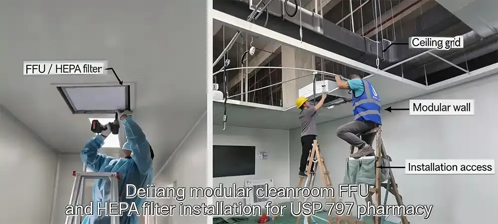 Deiiang modular cleanroom FFU and HEPA filter installation for USP 797 pharmacy.webp