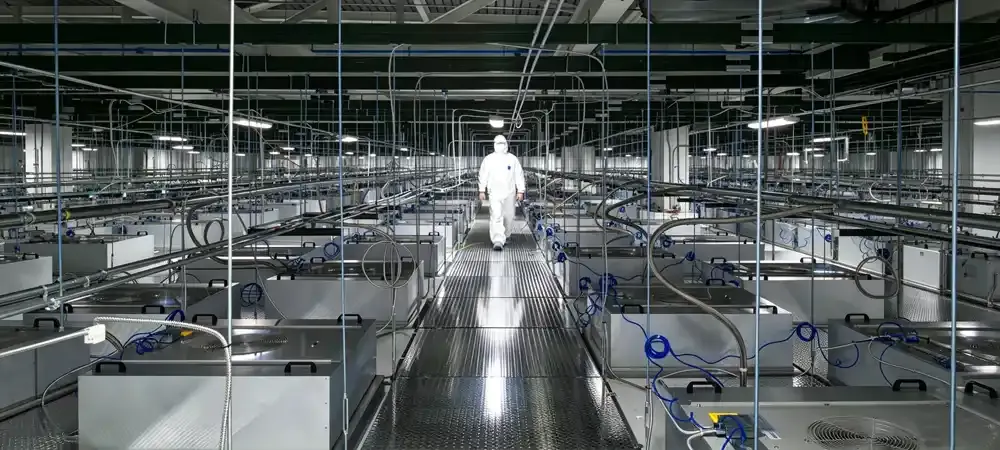 Cleanroom with accessible ceiling, FFU air circulation filtration.webp Cleanroom with accessible ceiling, FFU air circulation filtration.webp