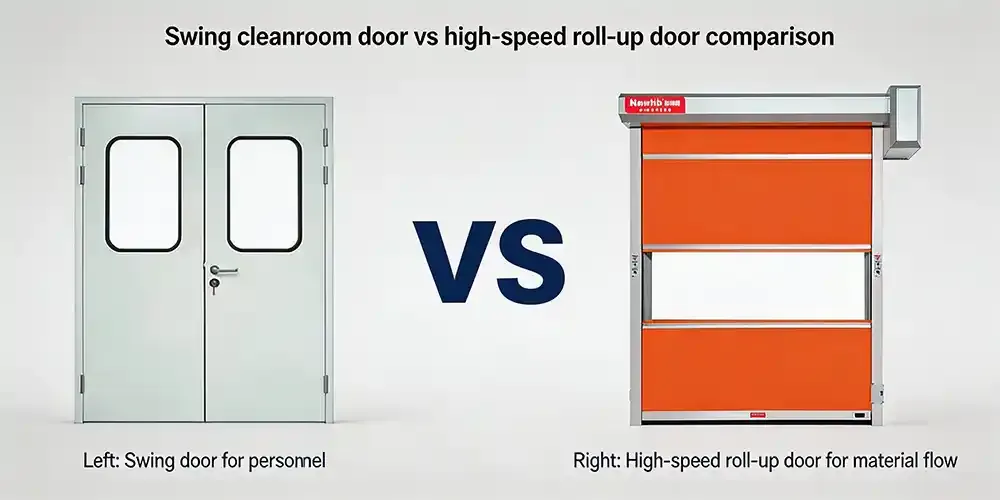 Swing cleanroom door vs high-speed roll-up door comparison.webp