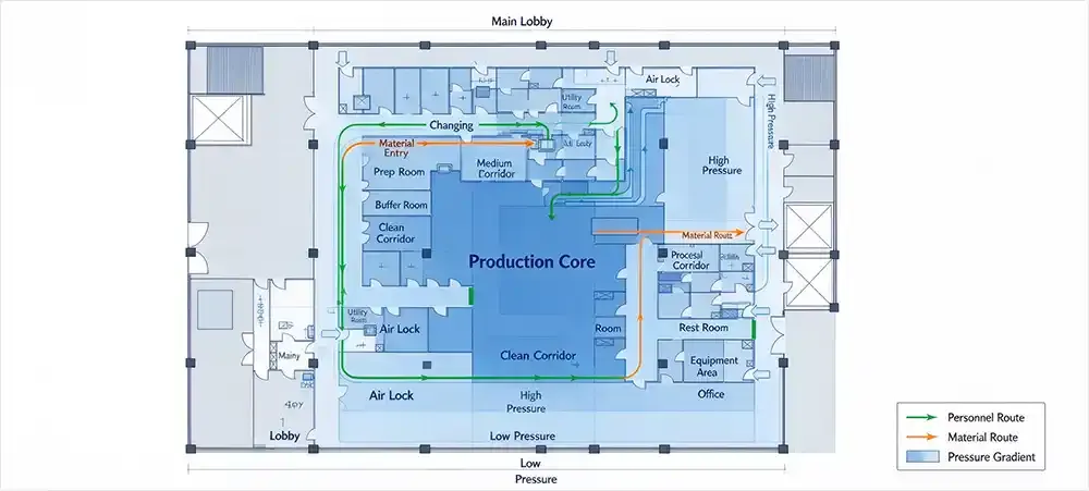 Cleanroom floor plan design - separation of personnel and material flow routes