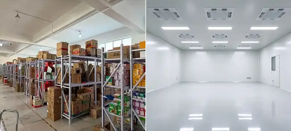 Before and after images of the multifunctional cleanroom created by Deiiang..webp