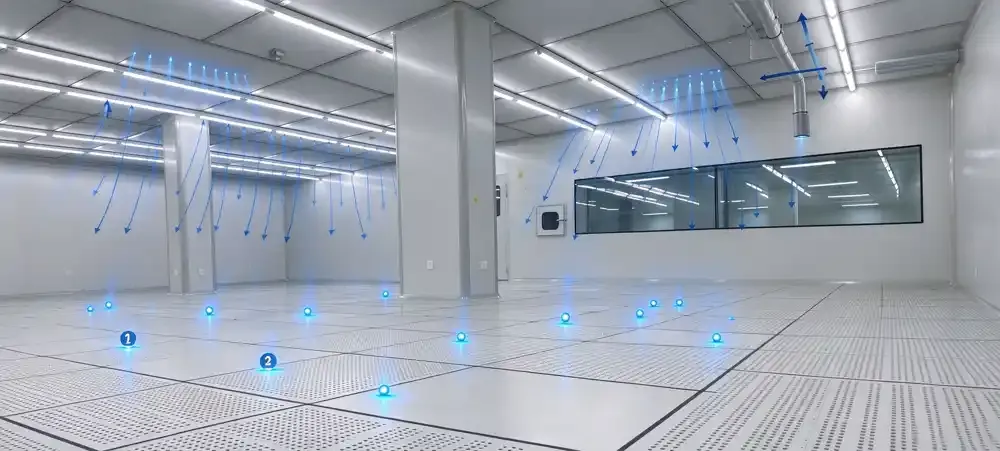 ISO 5 cleanroom diagnostic map showing particle count, FFU airflow, HEPA scan, and air balance workflow.webp
