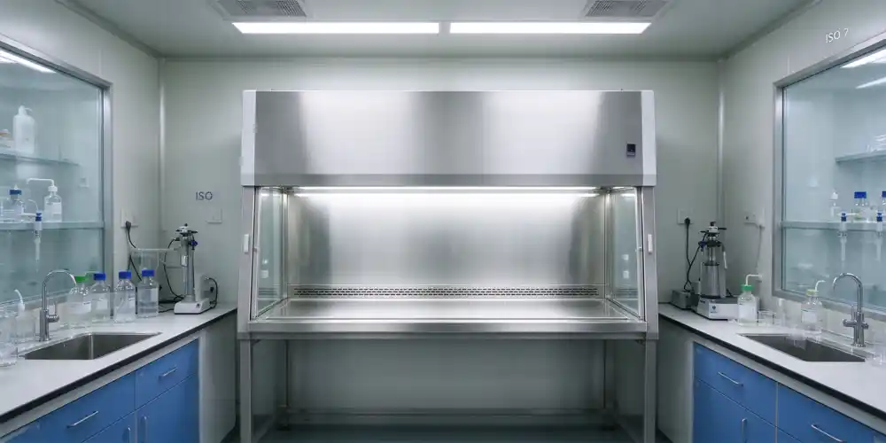 Stainless steel vertical laminar flow clean bench (PEC) inside a pharmacy buffer room.webp