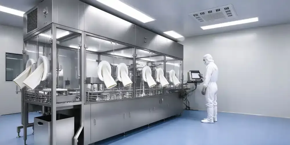Pharmacy aseptic filling isolator with operator in full white cleanroom gown and hood