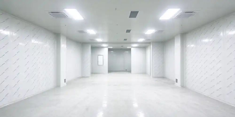 Newly installed modular cleanroom interior with protective film on walls and HEPA ceiling fixtures