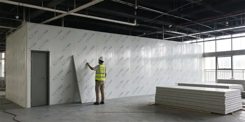 Engineer on site reviewing modular cleanroom wall panels and materials during procurement planning