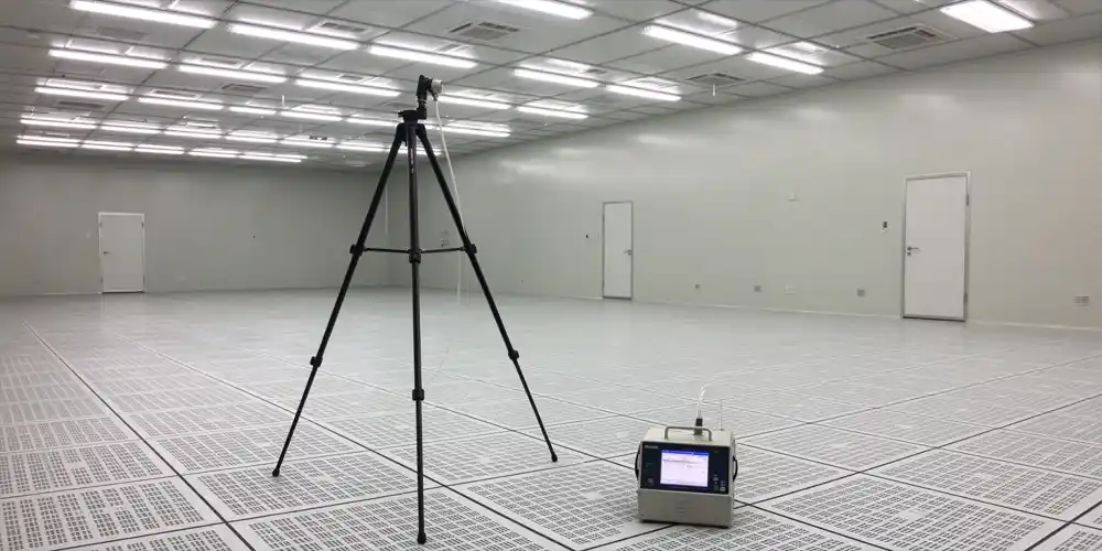 Airborne particle counter on tripod sampling probe in cleanroom with raised floor grille