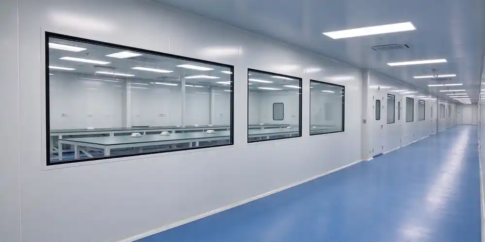 Modern modular cleanroom corridor with large observation windows looking into clean work areas