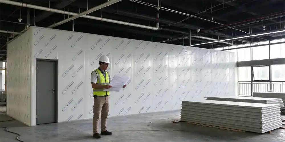 Engineer with hard hat reviewing drawings on site in front of modular cleanroom wall