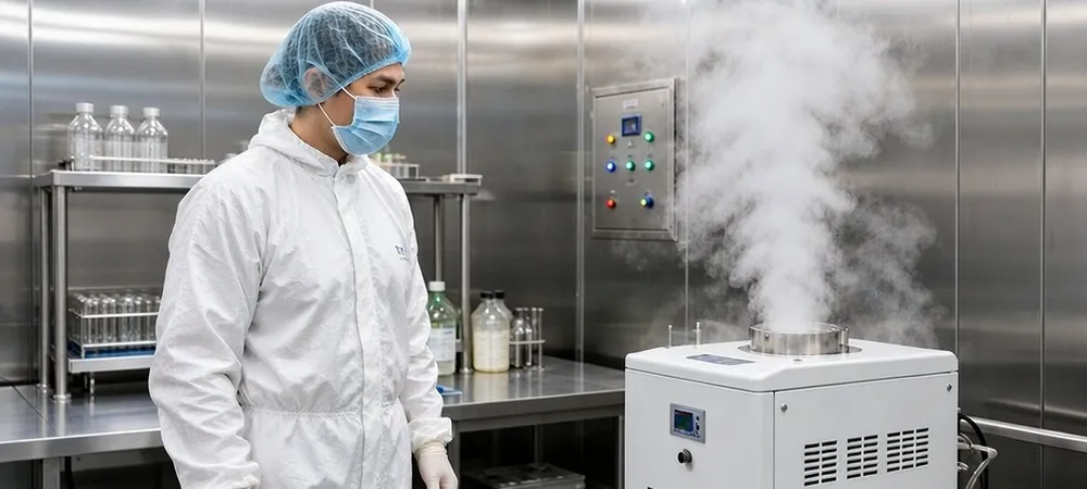 VHP vaporized hydrogen peroxide decontamination inside an ISO 5 cleanroom