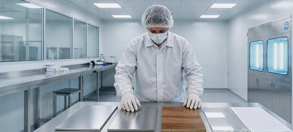Visual comparison of VHP-resistant cleanroom material samples