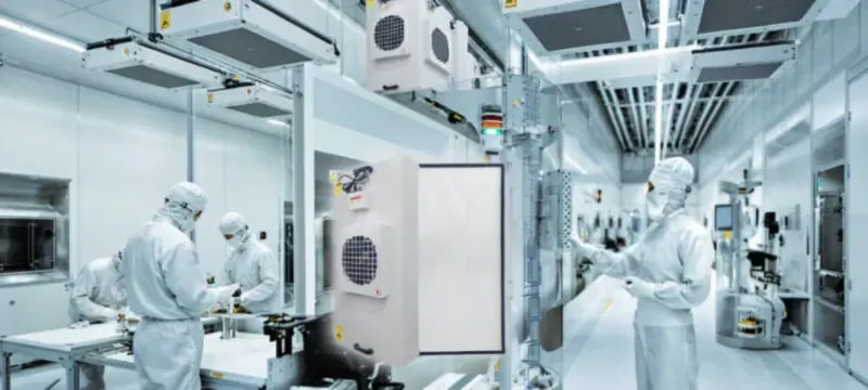 High FFU density ISO 5 cleanroom interior with technicians at work High FFU density ISO 5 cleanroom interior with technicians at work