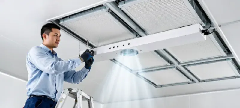 Ionizer bar installed between FFUs without disrupting cleanroom airflow Ionizer bar installed between FFUs without disrupting cleanroom airflow