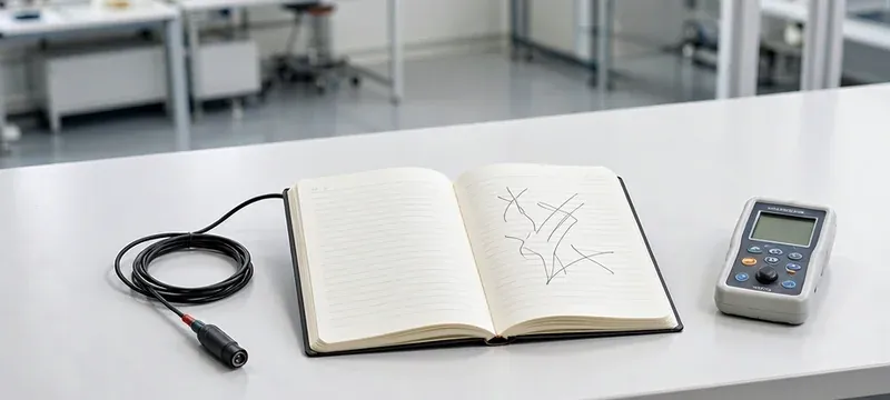 Reference notebook with ESD glossary terms on a cleanroom bench Reference notebook with ESD glossary terms on a cleanroom bench
