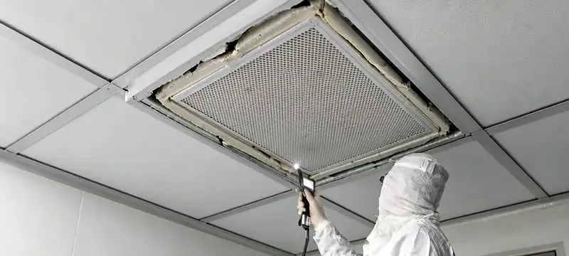 Damaged HEPA filter gasket causing a leak in a cleanroom ceiling Damaged HEPA filter gasket causing a leak in a cleanroom ceiling