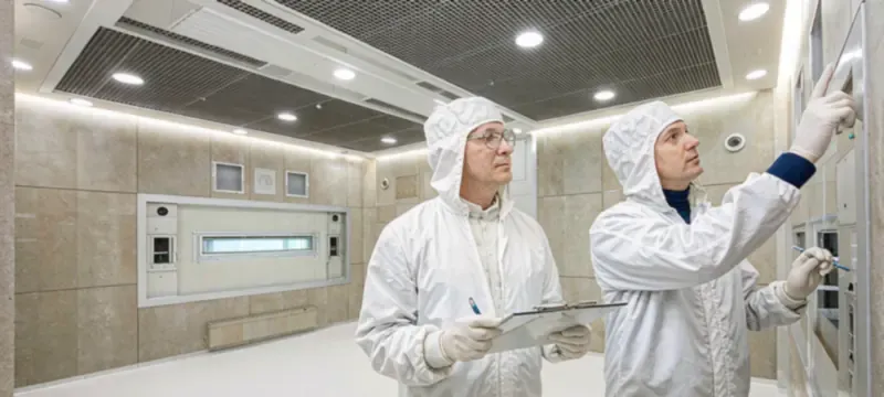 Pre-certification walkthrough with a checklist in a finished cleanroom Pre-certification walkthrough with a checklist in a finished cleanroom