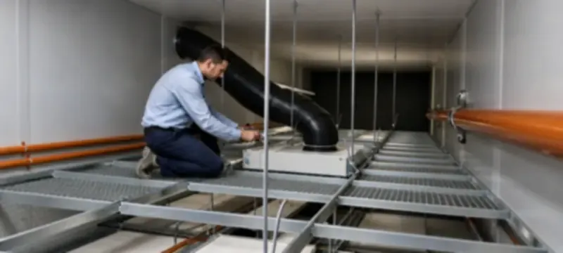 Servicing an FFU from the plenum above a cleanroom ceiling