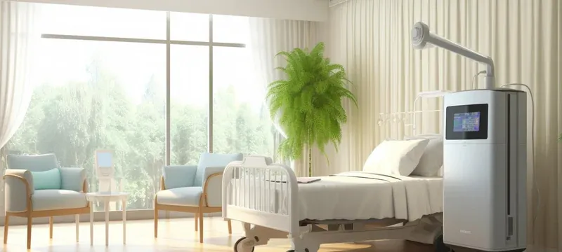 HEPA air purifier running in a calm hospital ward