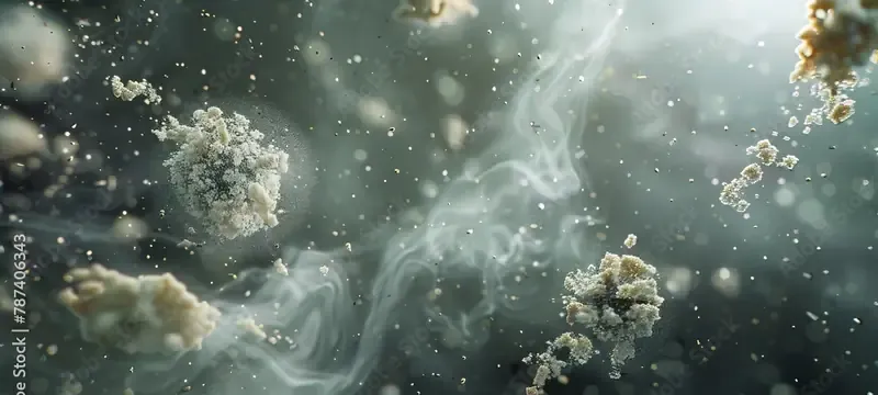 Airborne dust particles of many sizes glowing in a light beam