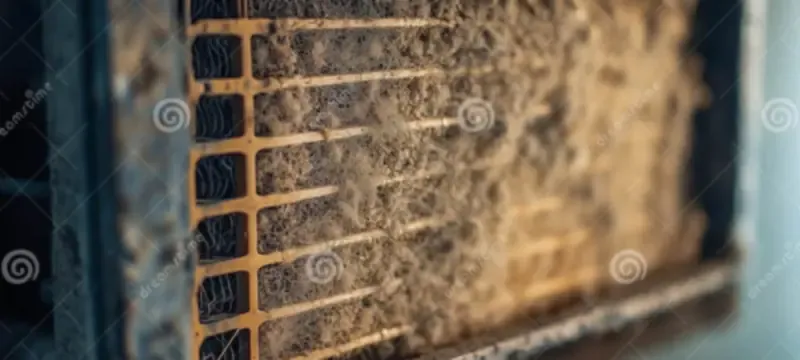 A filter media surface heavily loaded with captured dust