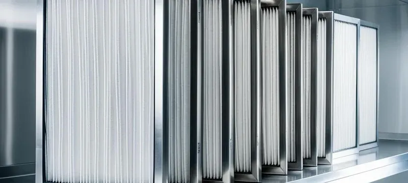 A row of industrial HEPA filter panels in different sizes