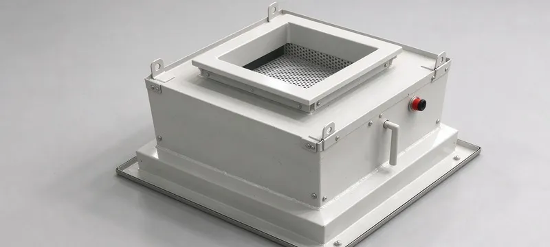 Deiiang DOP Integrated box filter showing air inlet pipe, adjustable valve, and DOP testing port.