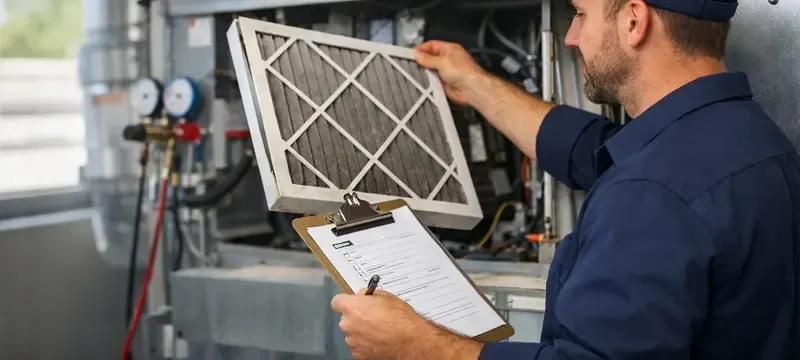 Technician checking filter installation to ensure compliance and integrity