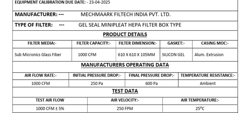 Test certificate and documents delivered with a HEPA filter purchase Test certificate and documents delivered with a HEPA filter purchase
