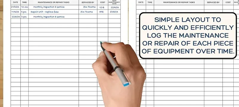 Technician filling in a maintenance log that facility teams should keep