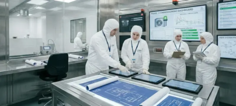 Engineers reviewing cleanroom project documentation from a verified case study