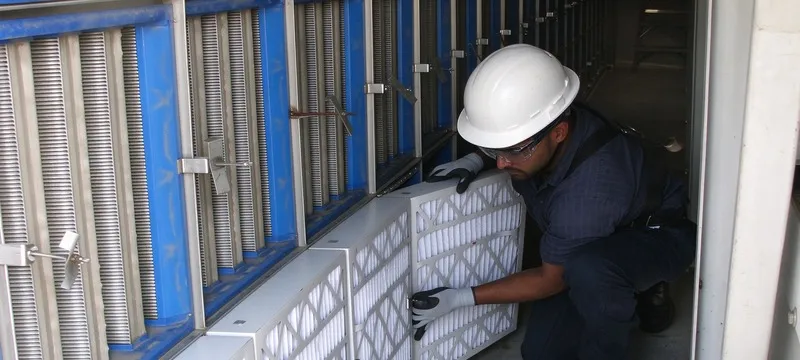 Illustrative photograph of the kind of plant-room service visit described here - a technician checking a filter stage before a change-out....