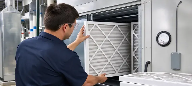 Technician installing medium air filter in housing Technician installing medium air filter in housing