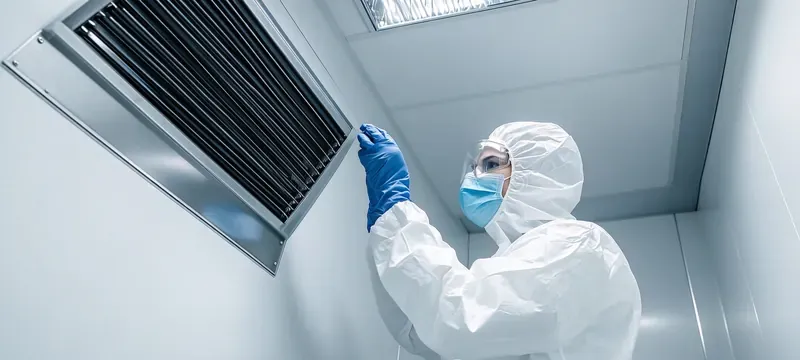 Cleanroom technician inspecting air handling unit filter Cleanroom technician inspecting air handling unit filter