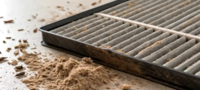 Dirty loaded air filter inspection close up Dirty loaded air filter inspection close up