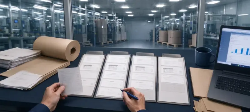Procurement buyer comparing supplier quotations documents desk
