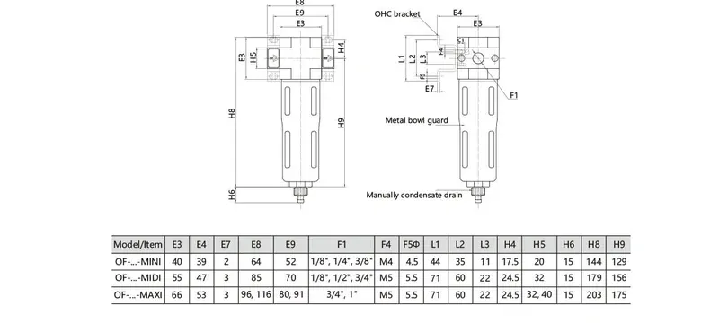 Filter dimension drawing specification measurements
