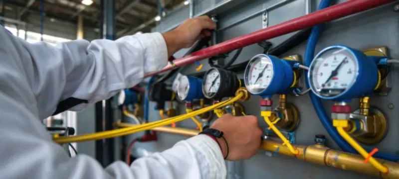 Technician reading differential pressure gauge on duct
